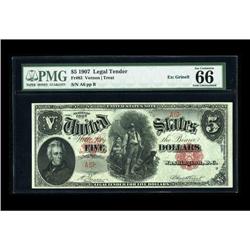 Fr. 83 $5 1907 Legal Tender PMG Gem Uncirculated 66 EPQ 
