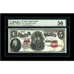 Fr. 91 $5 1907 Legal Tender PMG About Uncirculated 50. 