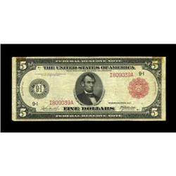 Fr. 840b $5 1914 Red Seal Federal Reserve Note Fine. A 