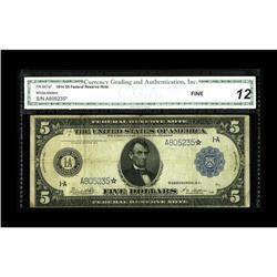 Fr. 847a $5 1914 Federal Reserve Star Note CGA Fine 12. 