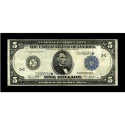 Fr. 855c $5 1914 Federal Reserve Star Note Fine+. This 