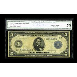 Fr. 865 $5 1914 Federal Reserve Note CGA Very Fine 20. 
