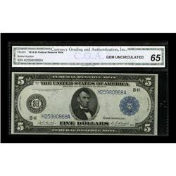 Fr. 874 $5 1914 Federal Reserve Note CGA Gem Uncirculat 