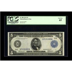 Fr. 884 $5 1914 Federal Reserve Note PCGS Gem New 65. O 