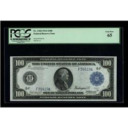 Fr. 1104 $100 1914 Federal Reserve Note PCGS Gem New 65 