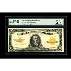 Fr. 1173 $10 1922 Gold Certificate PMG About Uncirculat 
