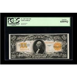 Fr. 1187 $20 1922 Gold Certificate PCGS Gem New 65PPQ. 