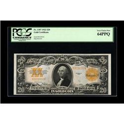 Fr. 1187 $20 1922 Gold Certificate PCGS Gem New 65PPQ. 