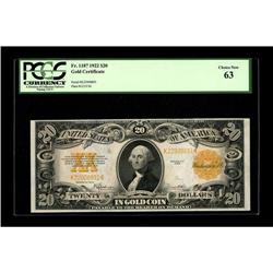 Fr. 1187 $20 1922 Gold Certificate PCGS Choice New 63. 