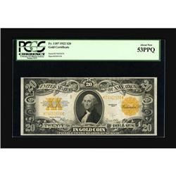 Fr. 1187 $20 1922 Gold Certificate PCGS About New 53PPQ 