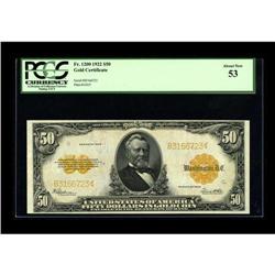 Fr. 1200 $50 1922 Gold Certificate PCGS About New 53. B 
