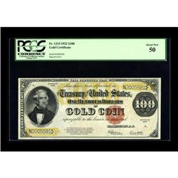 Fr. 1215 $100 1922 Gold Certificate PCGS About New 50. 