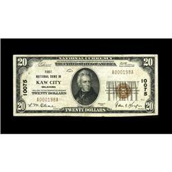 Kaw City, OK - $20 1929 Ty. 1 First NB Ch. # 10075An al 
