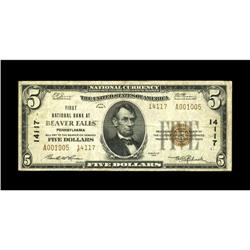 Beaver Falls, PA - $5 1929 Ty. 2 First NB Ch. # 14117W 