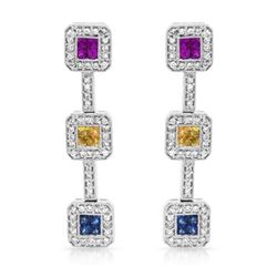 Natural 2.09 CTW Multi-Sapphire & Diamond Earrings 14K White Gold - REF-142H2W