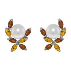 Genuine 3.25 ctw Pearl & Citrine Earrings 14KT White Gold - REF-30P2H