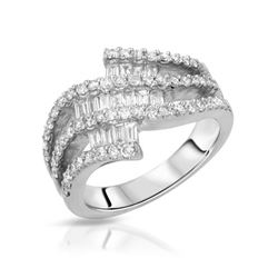 Natural 1.14 CTW Diamond & Baguette Ring 18K White Gold - REF-169M2F