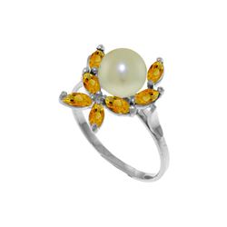 Genuine 2.65 ctw Pearl & Citrine Ring 14KT White Gold - REF-28W5Y