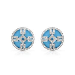 Natural 9.34 CTW Turquoise & Diamond Earrings 14K White Gold - REF-94H5W