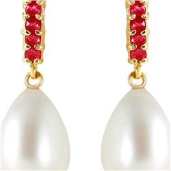 Genuine 8.4 ctw Pearl & Ruby Earrings 14KT Yellow Gold - REF-25F6Z