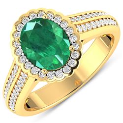 Natural 2.07 CTW Zambian Emerald & Diamond Ring 14K Yellow Gold - REF-92X9K