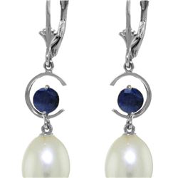 Genuine 9 ctw Pearl & Sapphire Earrings 14KT White Gold - REF-39X4M