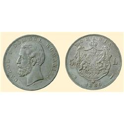 ROMANIA COINS 5 LEI 1880, silver (25 g), Bucharest. CAROL I D