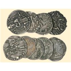 Lot of 9 coins, Grossi from Ragusa, Serbia, Bulgaria and Venice (2 pierced).  F to VF, 2 holed.