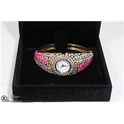 RHINESTONE & PINK QUARTZ FASHION WATCH