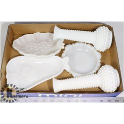FLAT OF MILK GLASS ,VARIOUS CANDY DISHES AND VASES