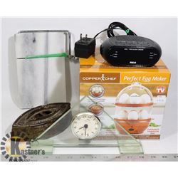 BOX OF ASSORTED ITEMS -EGG MARKER, RCA RADIO CLOCK
