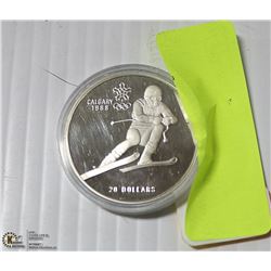 SILVER $20 COIN OLYMPIC DOWNHILL SKIER