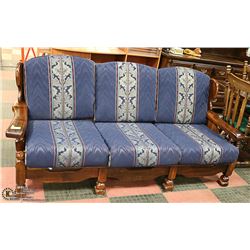 VINTAGE WOOD SOFA WITH REUPHOLSTERED CHUSHIONS