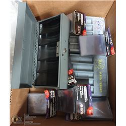 BOX WITH CASH BOX, COIN SORTERS AND