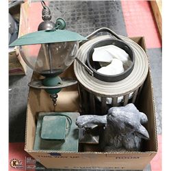 GARDEN DECORATIVE- BOX LOT- LANTERN, FEEDER,
