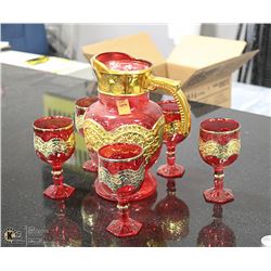 7PC ART GLASS RED DECORATIVE DECANTER SET