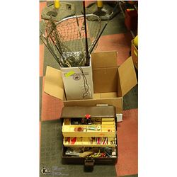 VINTAGE FISHING EQUIPMENT, INCLUDES TACKLEBOX,
