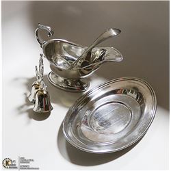 SILVER PLATE GRAVY BOAT C/W LADEL & DINNER BELLS