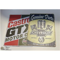 PAIR OF TIN SIGNS, CHEVY PARTS AND CASTROL OIL