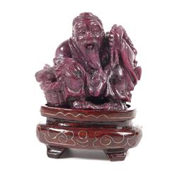 Antique Chinese Carved Ruby Matrix Man w Fish