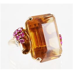 14K Retro CITRINE RUBY DIAMOND Cocktail Ring