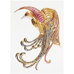 18K DIAMOND RUBY & SAPPHIRE Bird Brooch