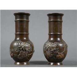 Pair Meiji Bronze Silver Japanese Vases