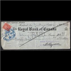 1925 to 1932 OLD BANK CHECK QTT6 -PERFIN ON ONE