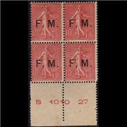France #M4 F-VF-LH **FRANCHISE MILITAIRE BLOCK OF 4 WITH INSCRIPTION B 1010 27**, gum is disturb, CA