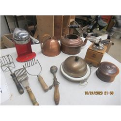 Covered Copper Hot Plate, Copper Teapot, Coffee Grinder, Juicer, Utensils and More!  All Vintage