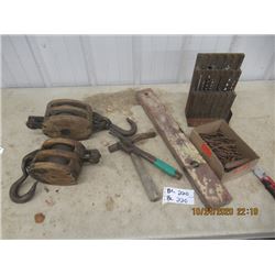 Vintage Wood Pulleys, Square Nails, Wood Auger Bits in Fitted Box, Plus More!