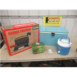 Coleman Cooler, Jug, Quick Pump, New George Foreman Propane Camp Tailgate Grill