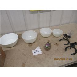 Fire King Mixing Bowls, Horse Shoe Candle Holders, Perfume Bottle