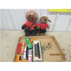 Toy Train Set, RCMP Stuffies & Marbles